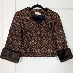 Nine West Petite Brocade Cropped Jacket Faux Fur Cuffs